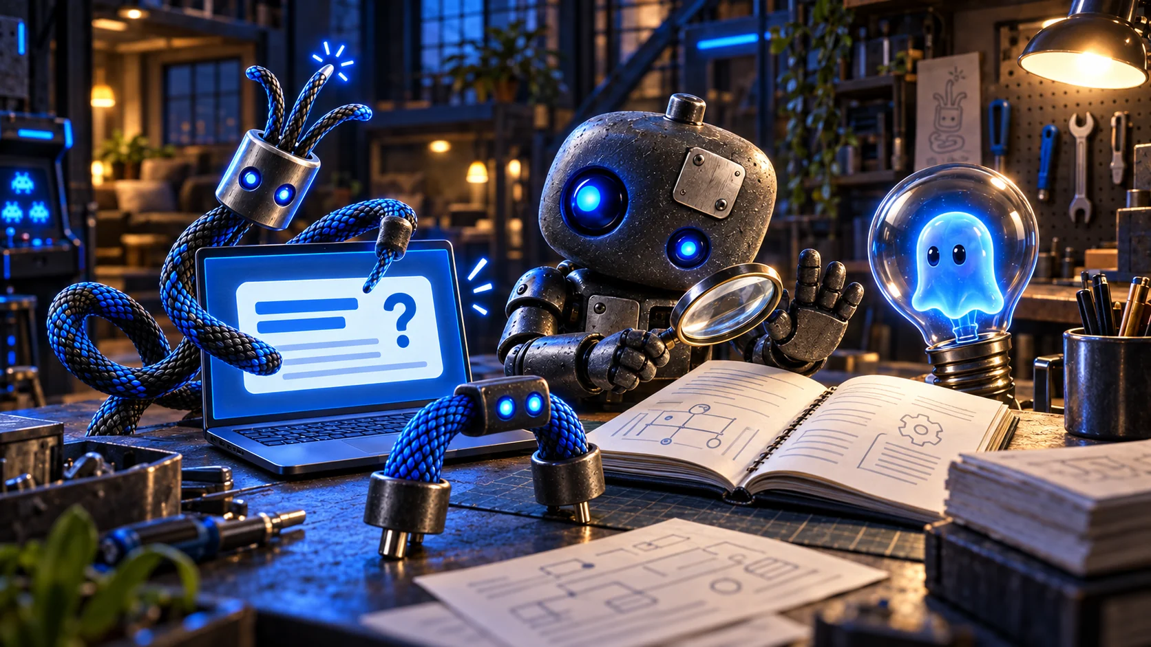 Patcher checks a manual while Loosewire presents an AI answer and Ghostlight lights the workbench.